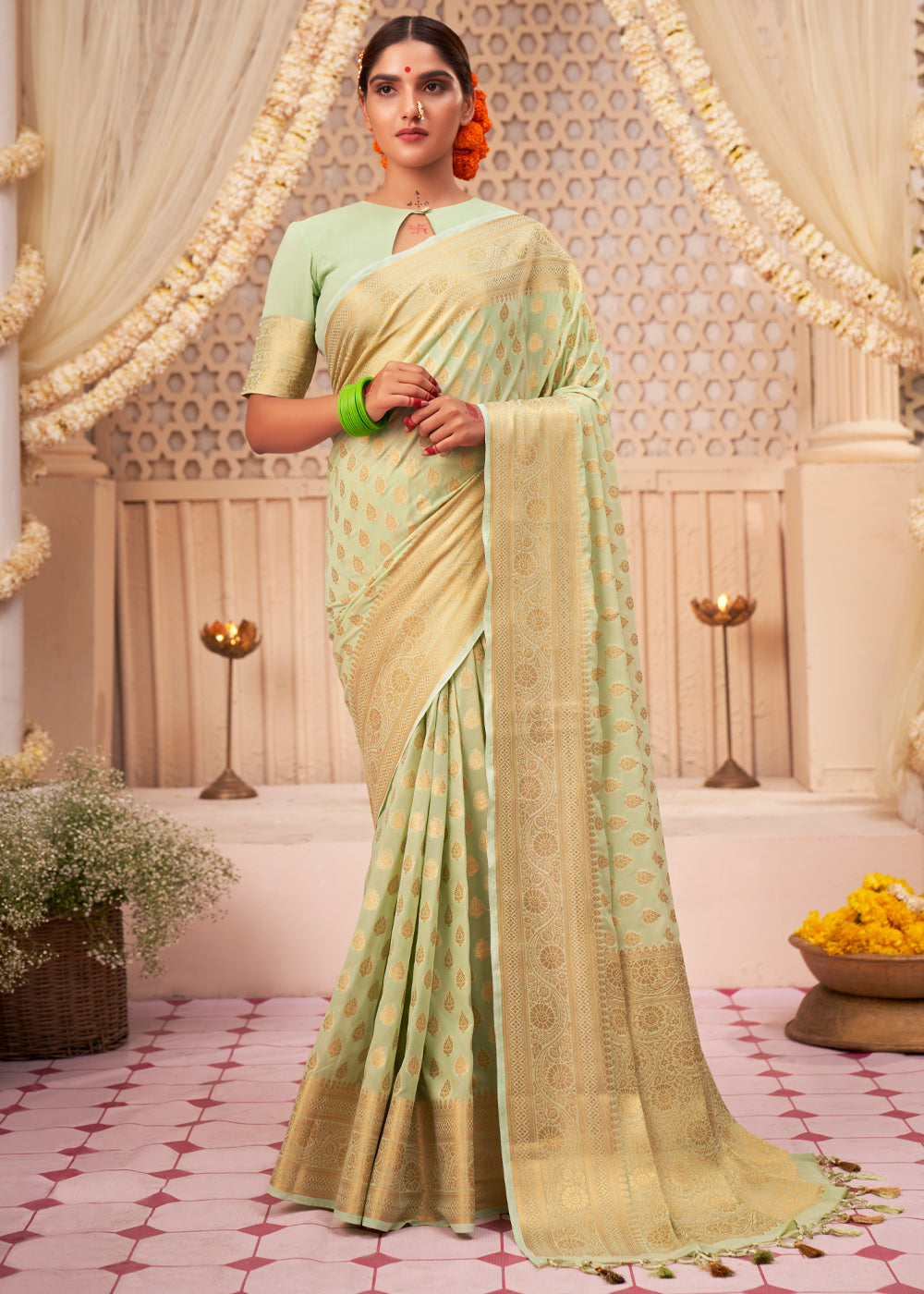 Buy MySilkLove Winter Hazel Green Woven Georgette Saree Online