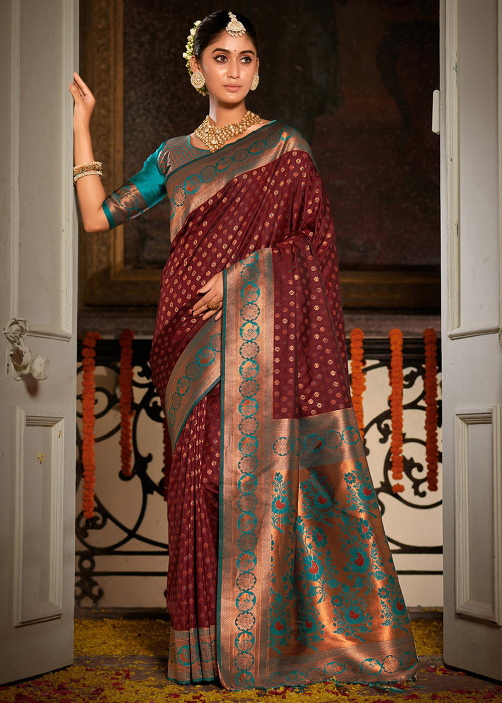 Buy MySilkLove Persian Plum Maroon and Blue Woven Banarasi Silk Saree Online