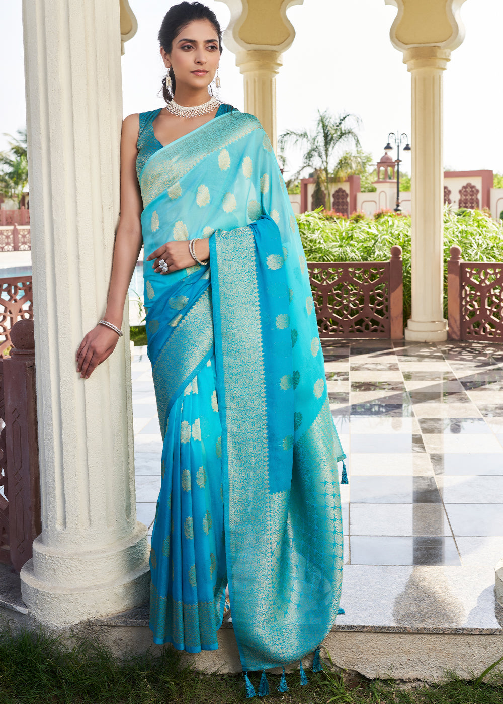 Buy MySilkLove Bondi Blue Zari Woven Georgette Saree Online