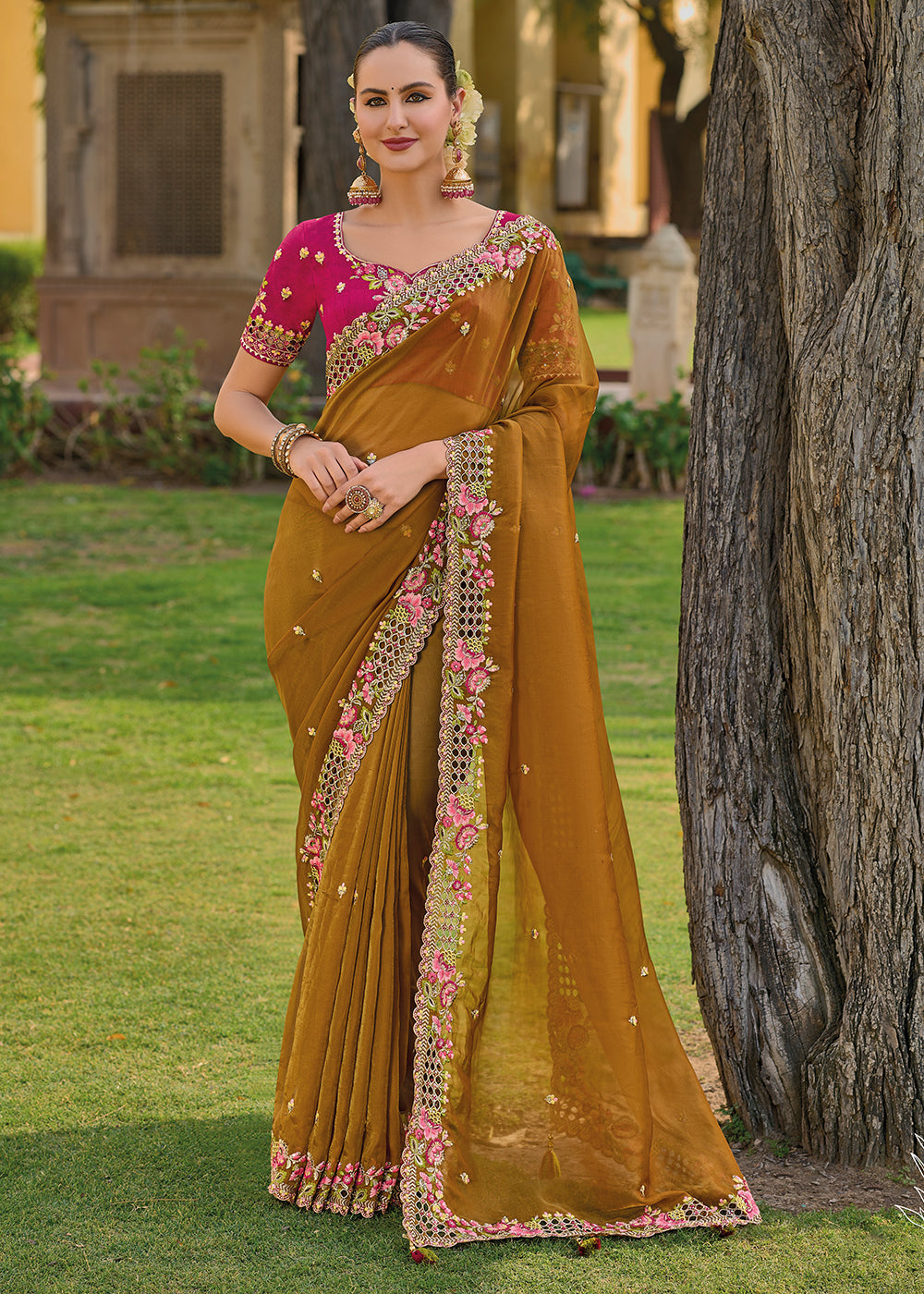 Buy MySilkLove Hawaiian Tan Yellow Tissue Organza Embroidered Silk Saree Online