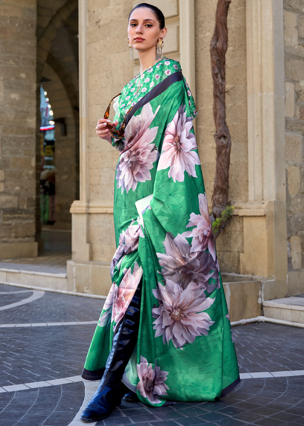 Buy MySilkLove Shamrock Green Digital Printed Satin Silk Saree Online