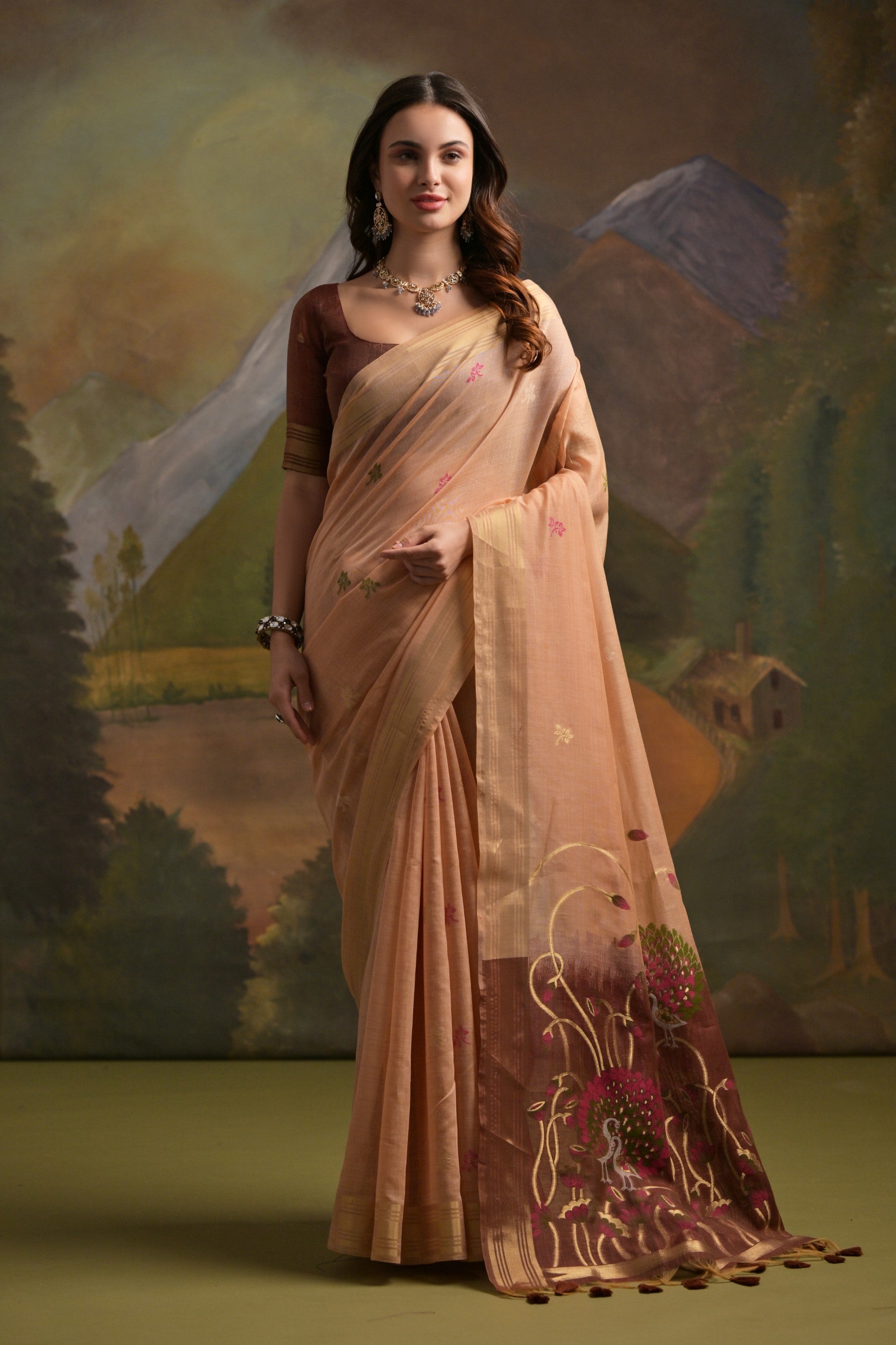 Buy MySilkLove Candlelight Peach Pichwai Woven Muga Cotton Saree Online