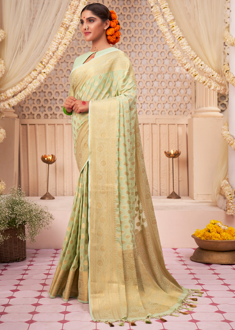 MySilkLove Winter Hazel Green Woven Georgette Saree