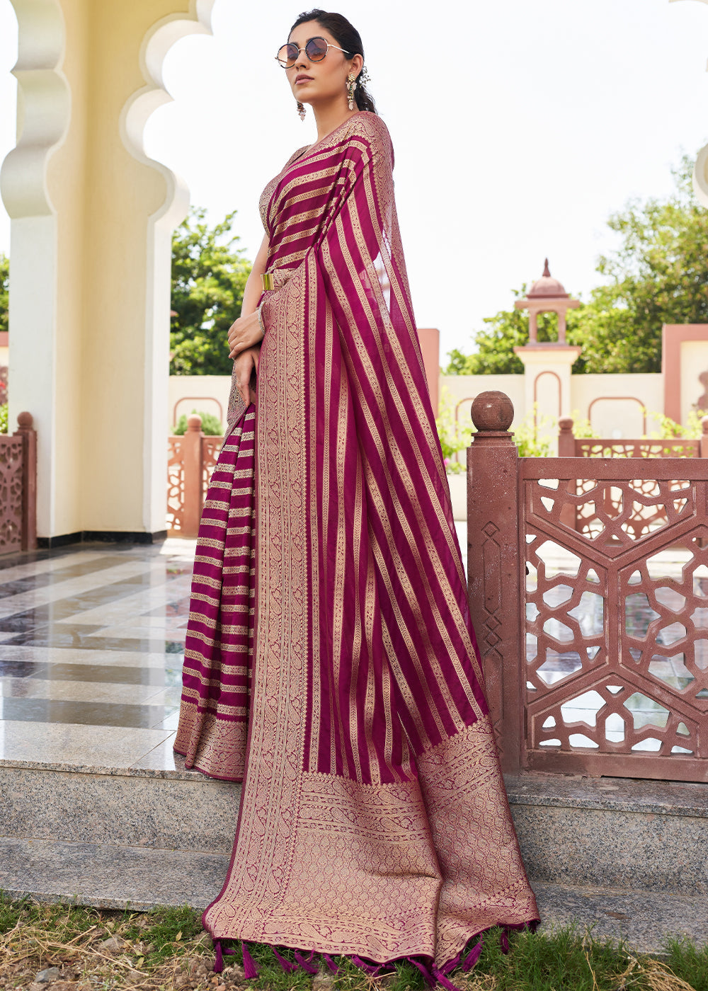 Buy MySilkLove Rose Bud Cherry Purple Woven Lehriya Georgette Saree Online