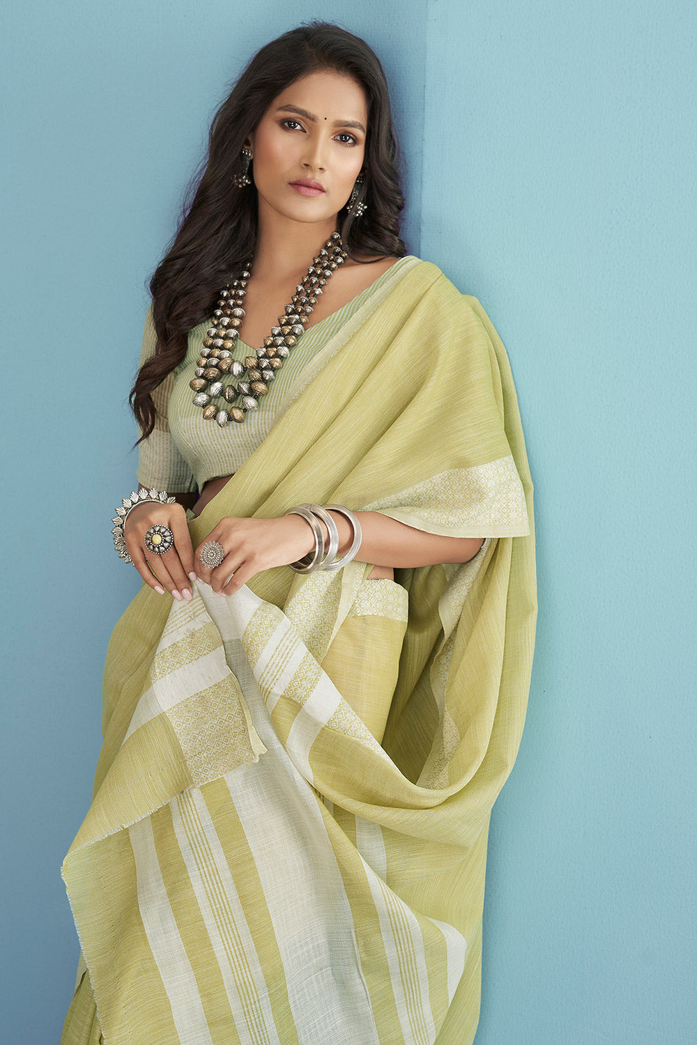 Buy MySilkLove Winter Hazel Green Linen Saree Online