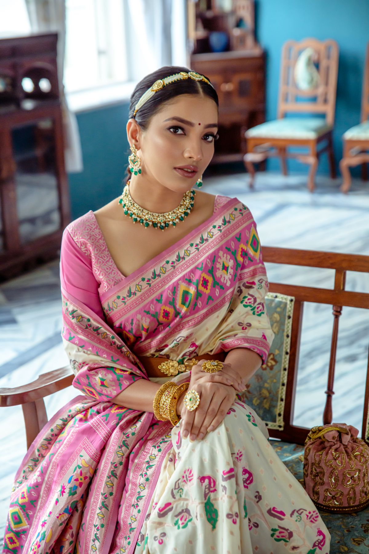 Buy MySilkLove Off White and Pink Patola Fusion Paithani Silk Saree Online