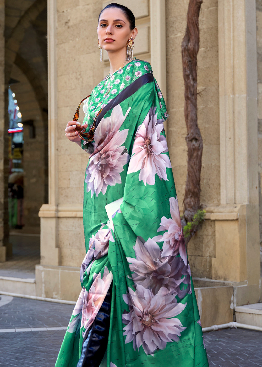 Buy MySilkLove Shamrock Green Digital Printed Satin Silk Saree Online