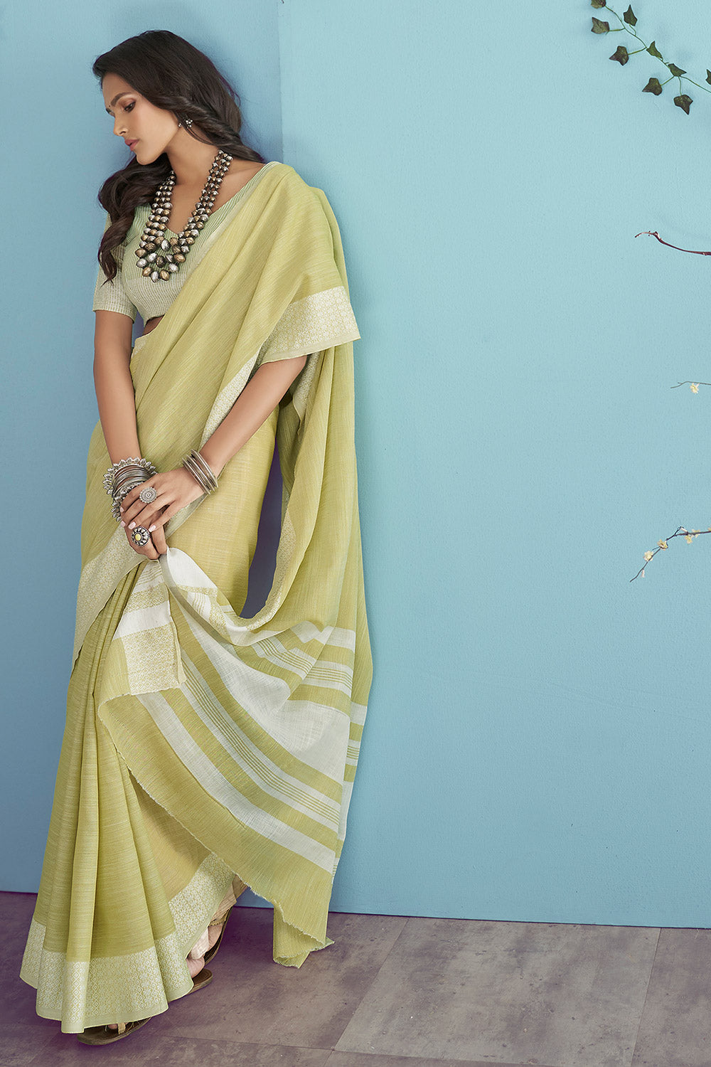 Buy MySilkLove Winter Hazel Green Linen Saree Online