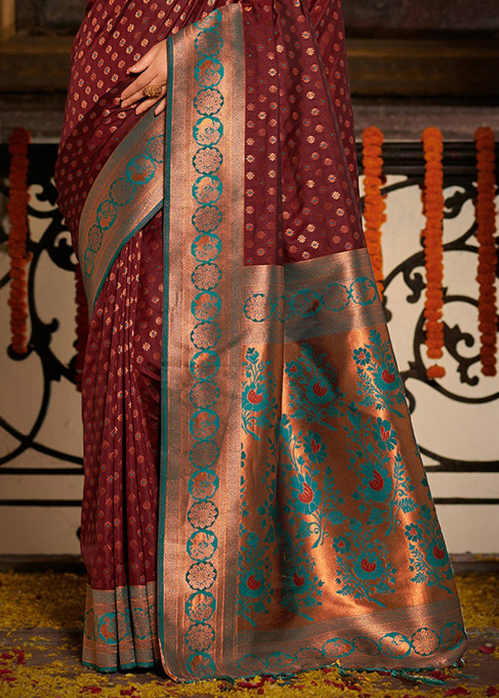 Buy MySilkLove Persian Plum Maroon and Blue Woven Banarasi Silk Saree Online