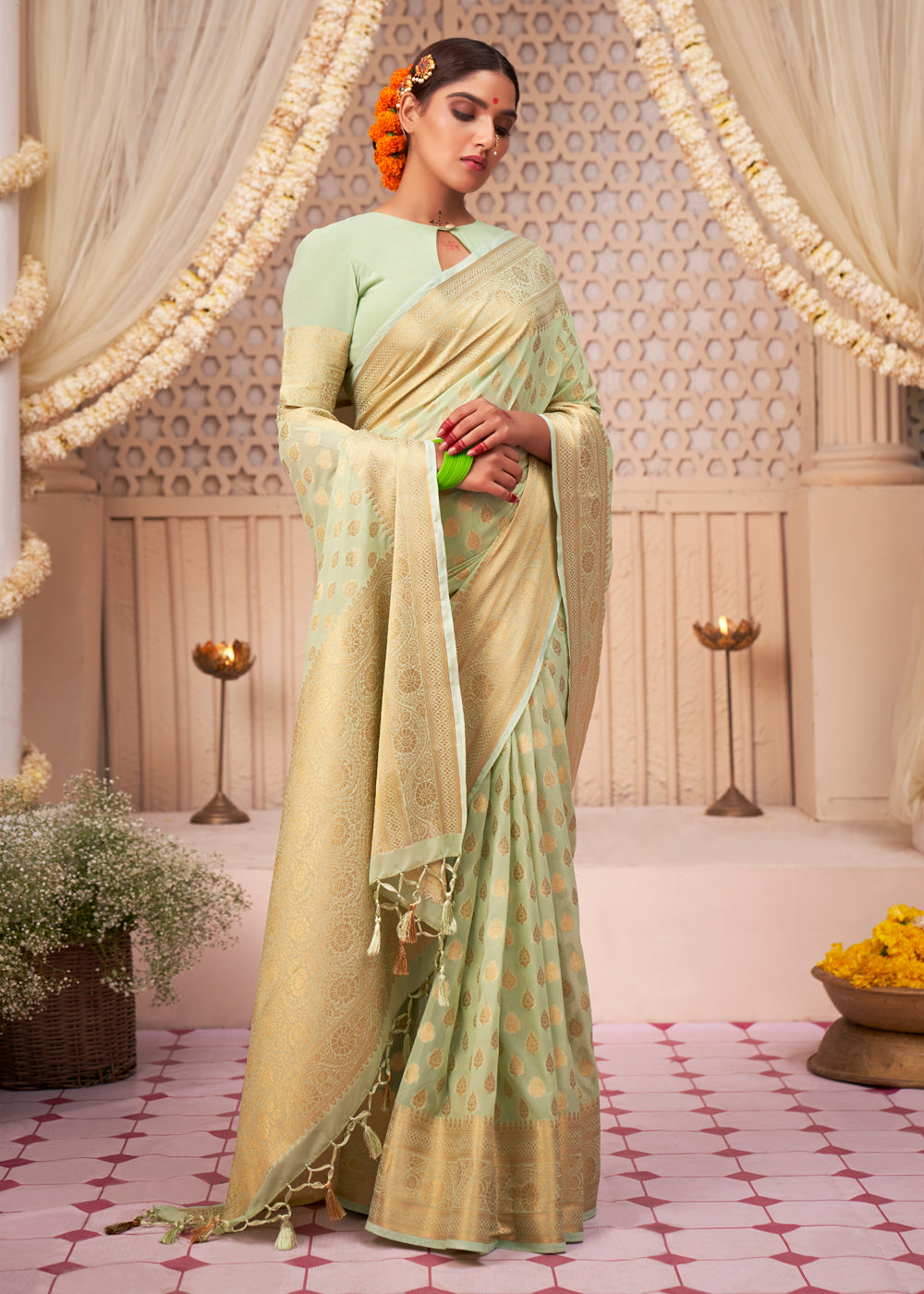 Buy MySilkLove Winter Hazel Green Woven Georgette Saree Online