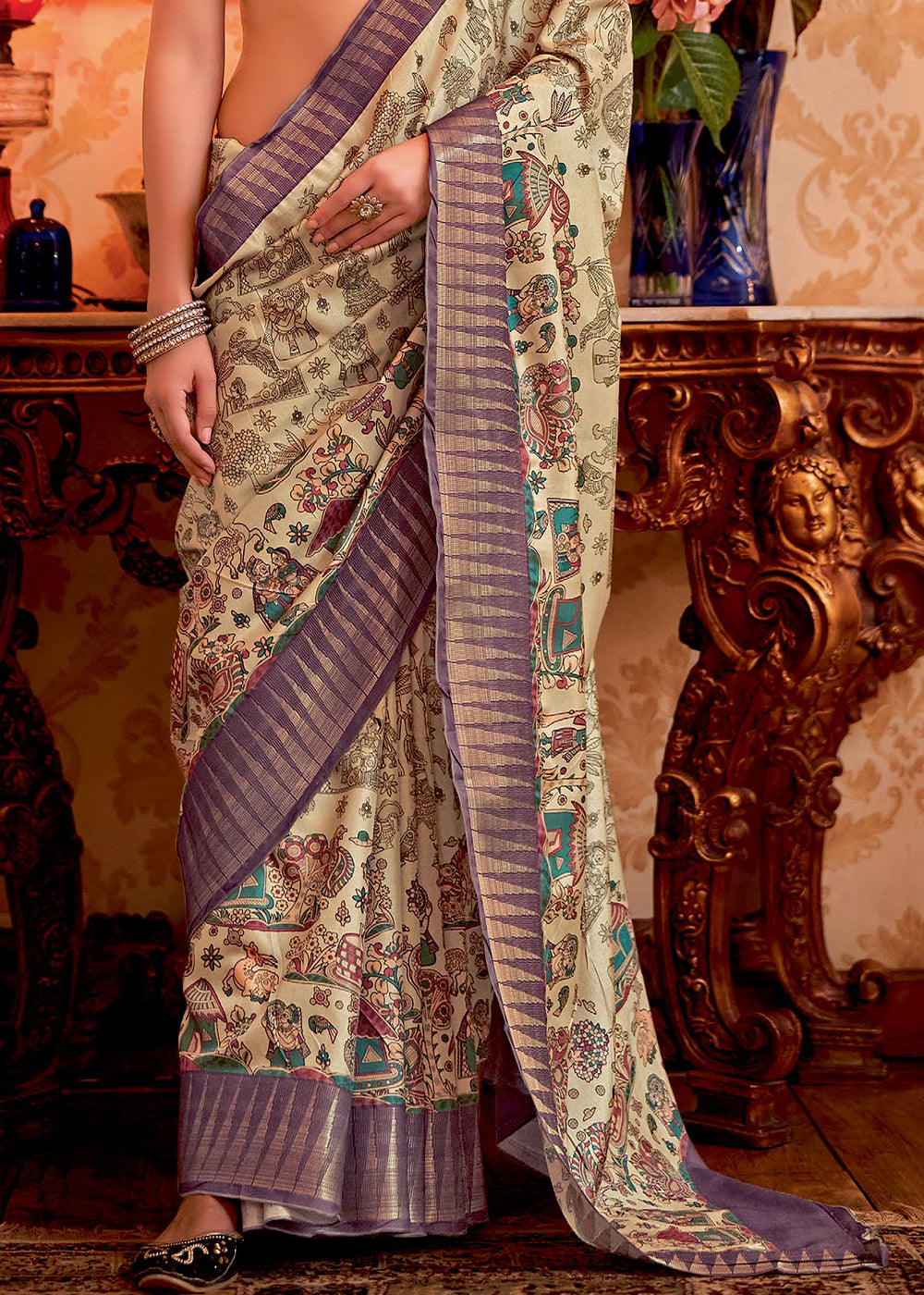 Buy MySilkLove Clime Cream and Purple Manipuri Temple Printed Silk Saree Online