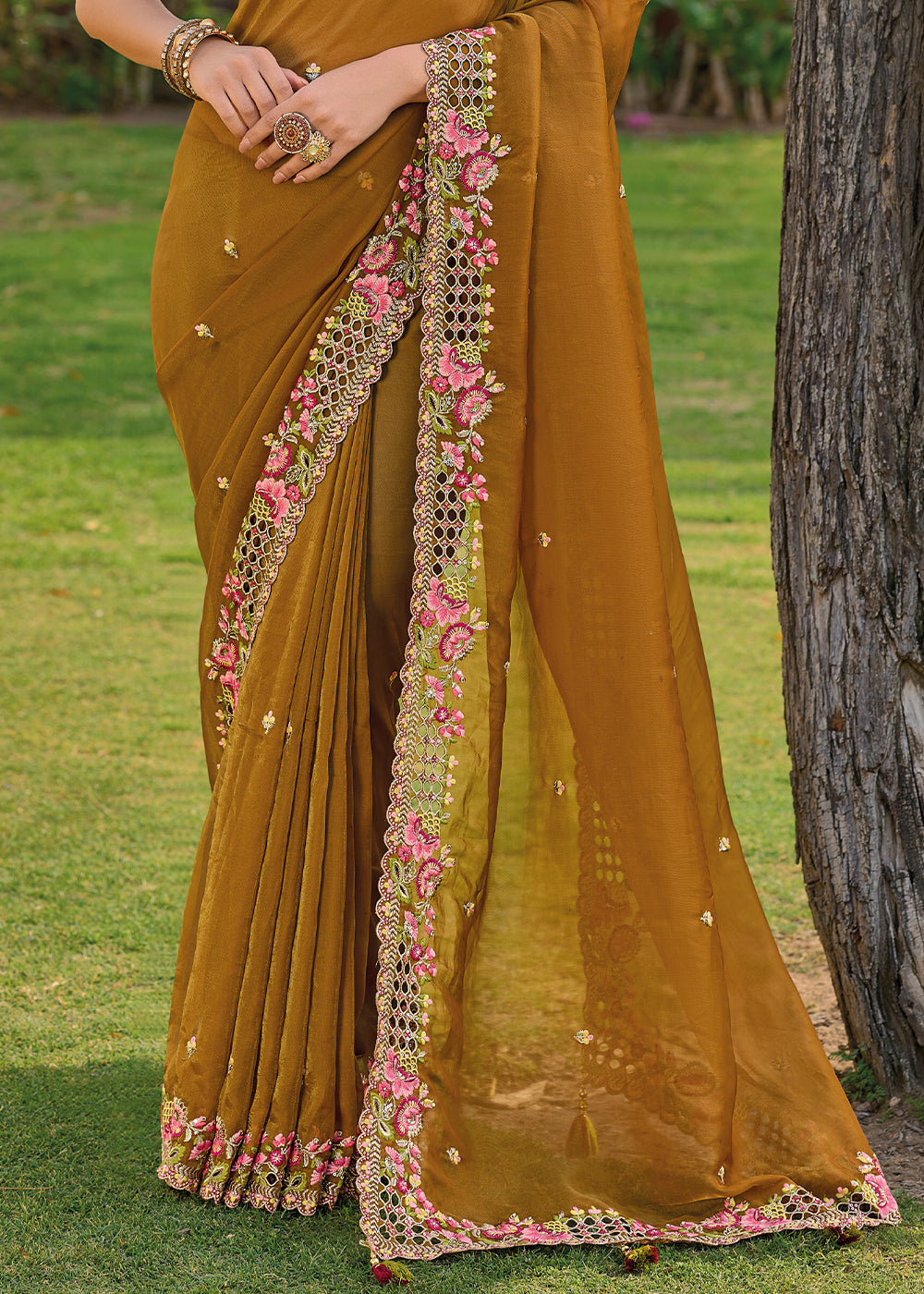 Buy MySilkLove Hawaiian Tan Yellow Tissue Organza Embroidered Silk Saree Online