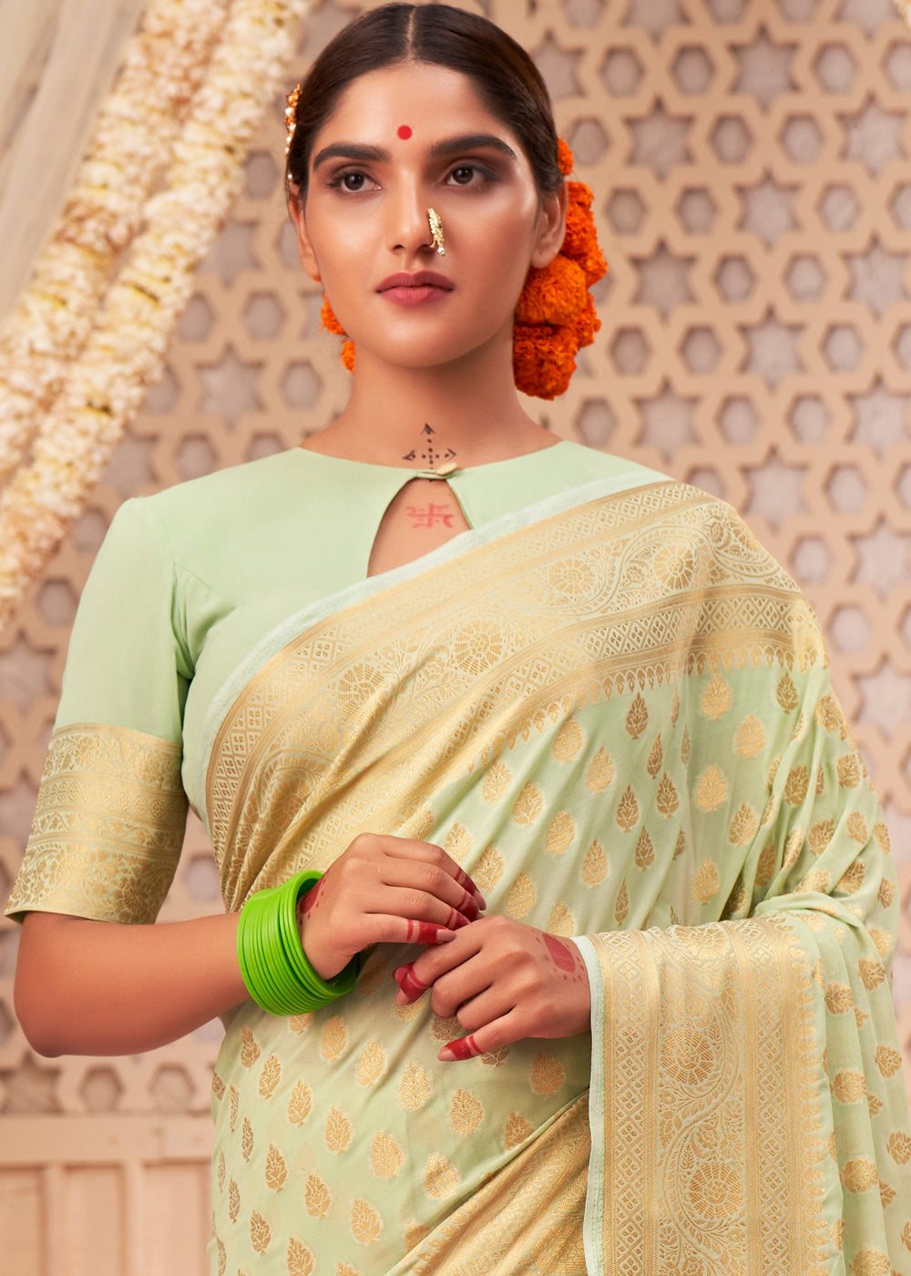 Buy MySilkLove Winter Hazel Green Woven Georgette Saree Online