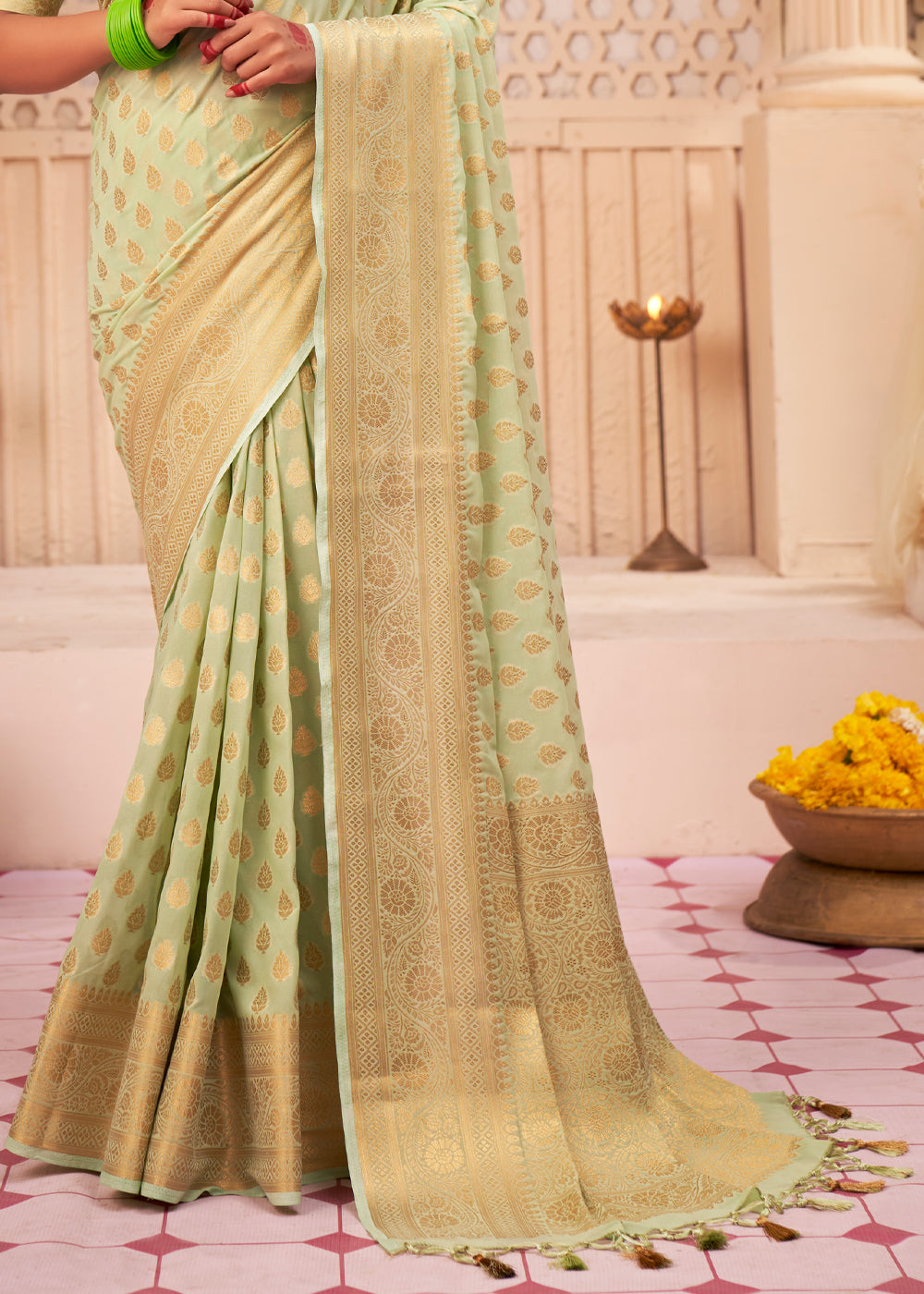 Buy MySilkLove Winter Hazel Green Woven Georgette Saree Online