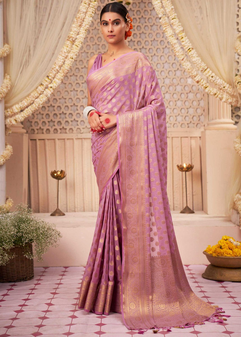 Buy MySilkLove Kobi Pink Woven Georgette Saree Online