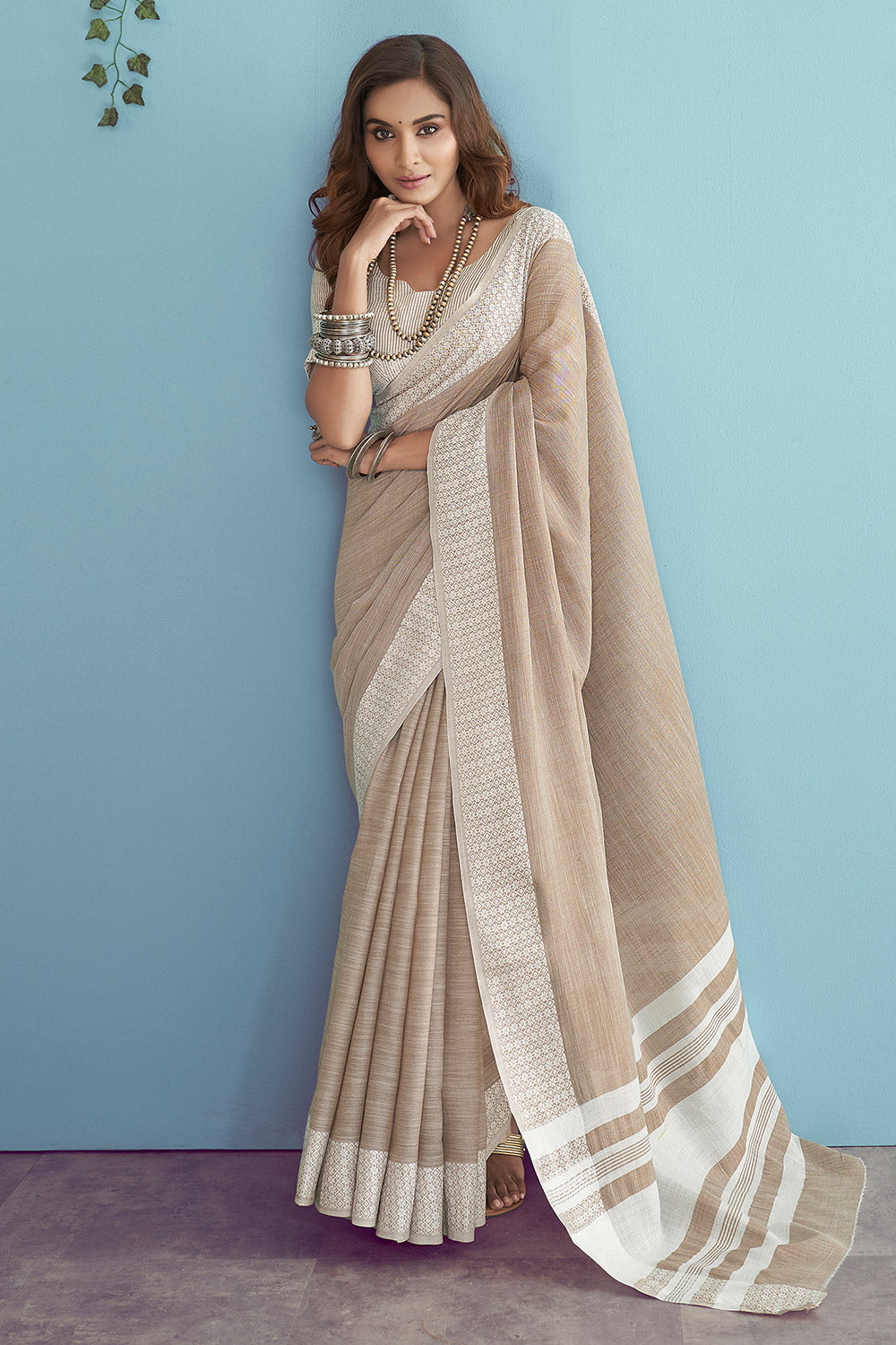 Buy MySilkLove Beaver Brown Linen Saree Online