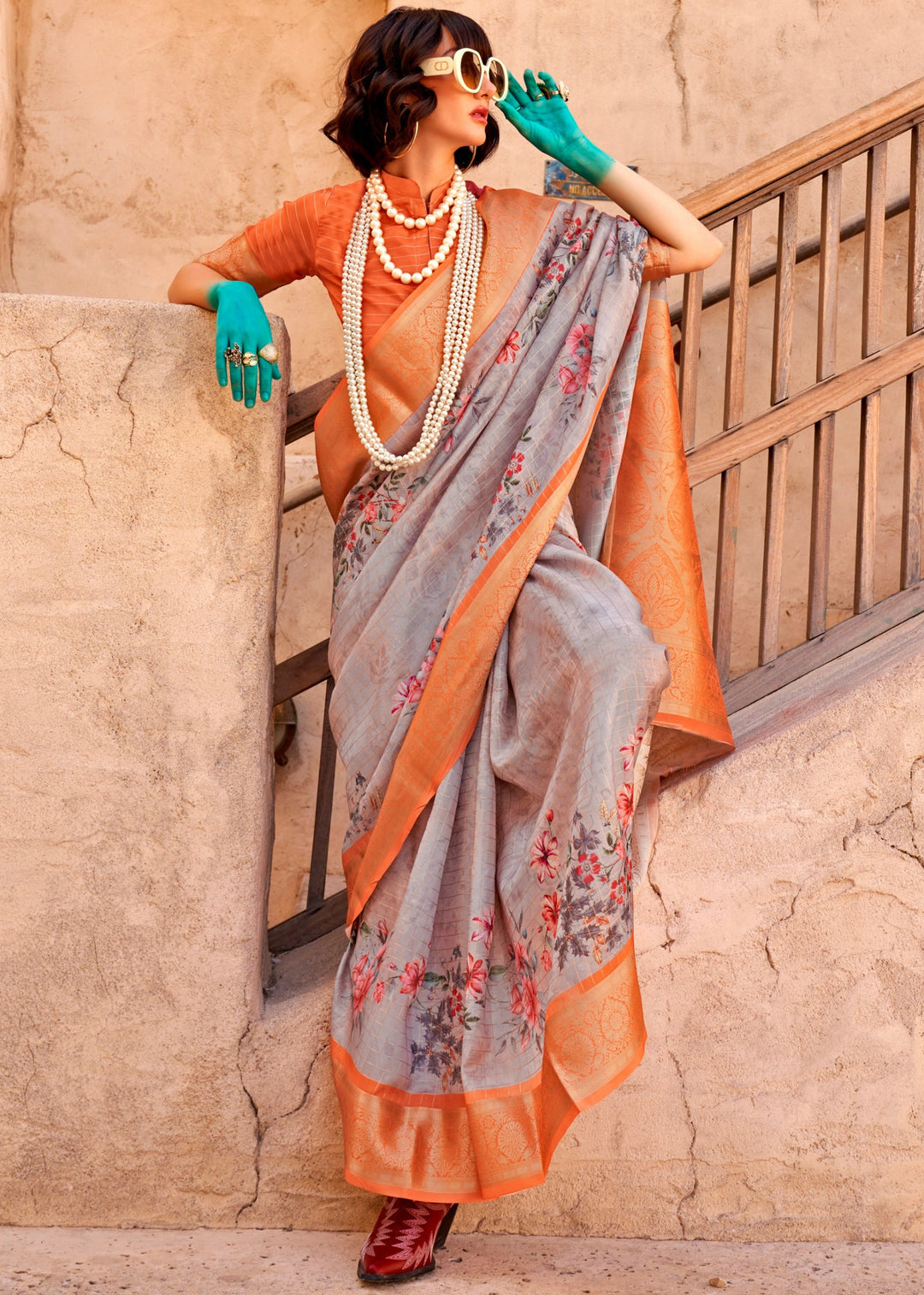 Buy MySilkLove Cloudy Grey and Orange Georgette Handloom Printed Saree Online