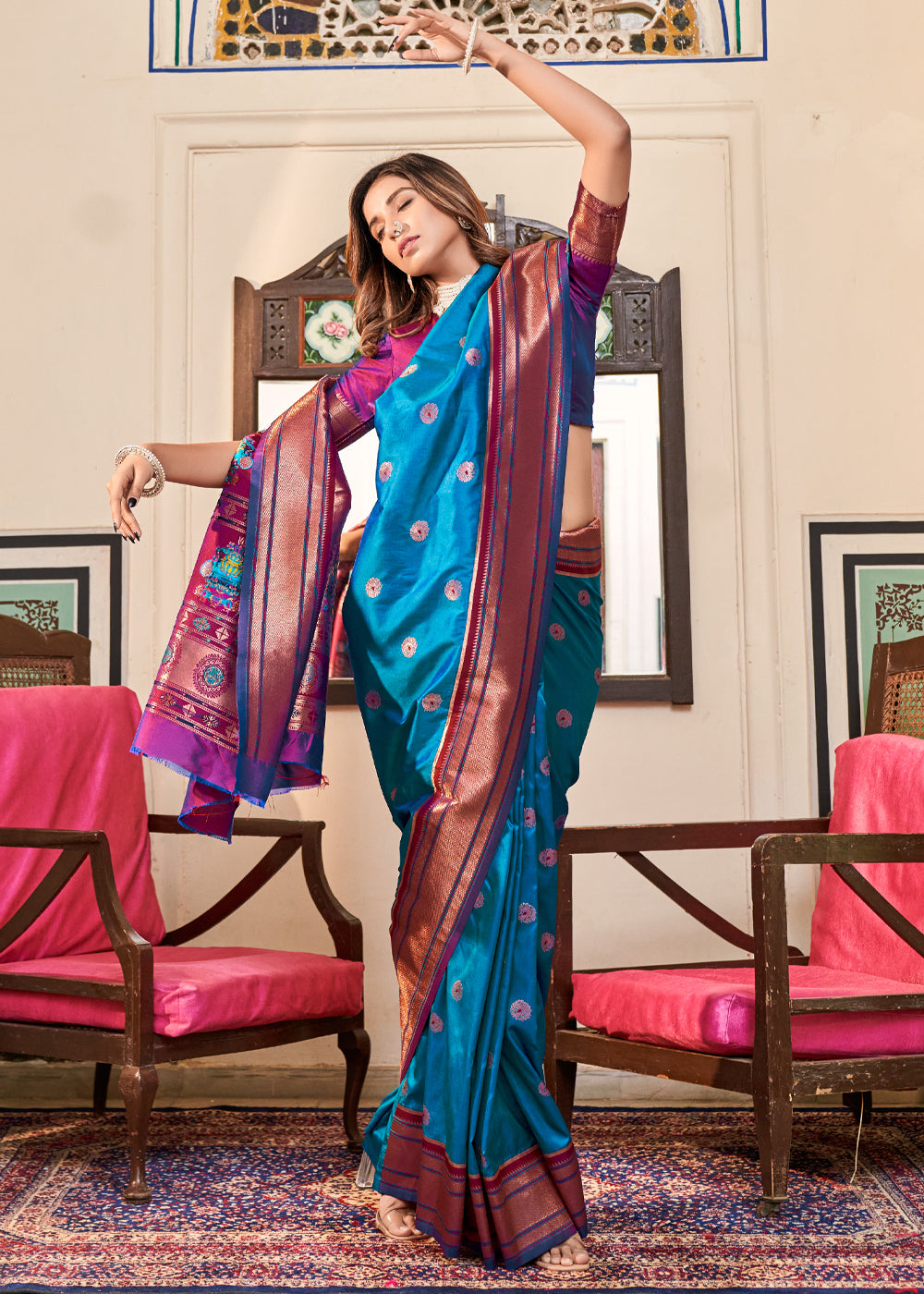 Buy MySilkLove Azure Blue Woven Paithani Soft Silk Saree Online