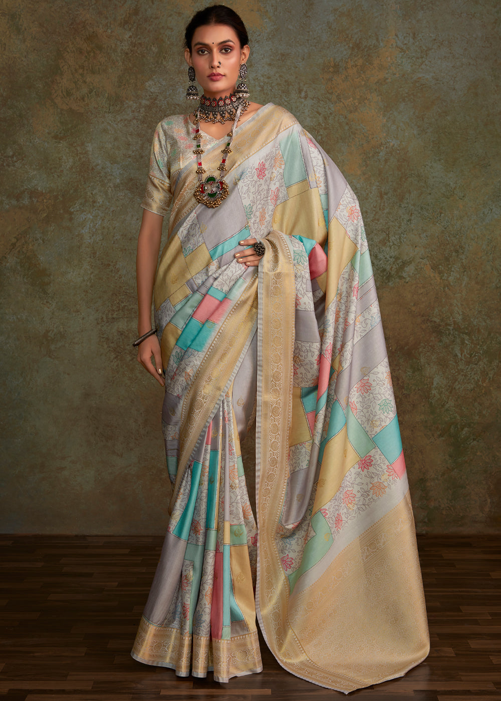 Buy MySilkLove Martini Grey Digital Printed Soft Silk Saree Online