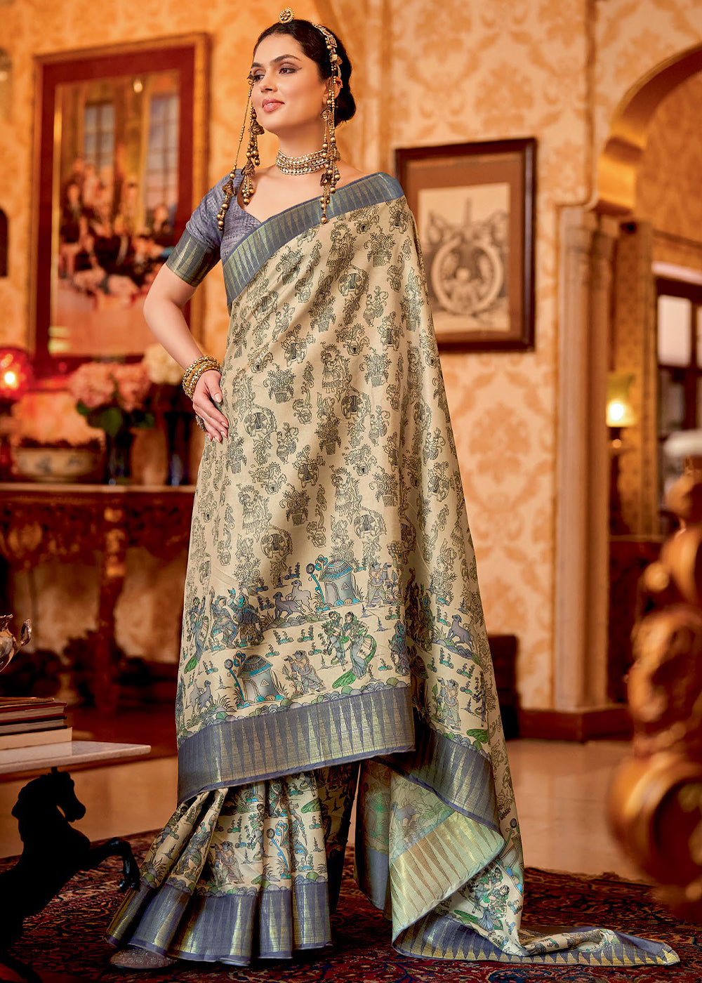 Buy MySilkLove Sorrell Cream and Grey Manipuri Temple Border Printed Silk Saree Online