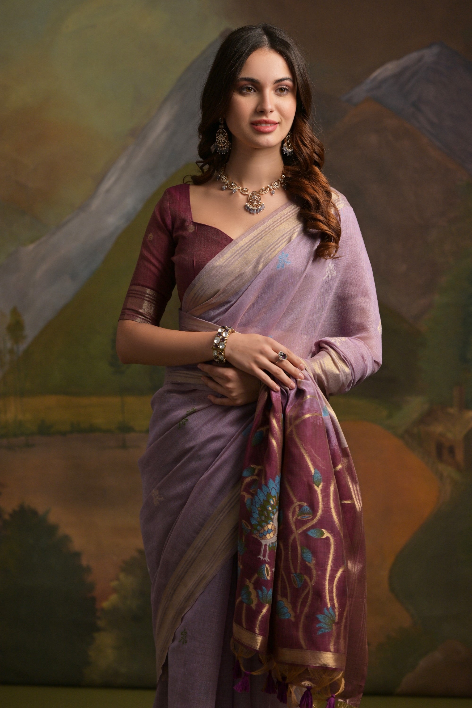 MySilkLove Light Mauve Purple Pichwai Woven Muga Cotton Saree