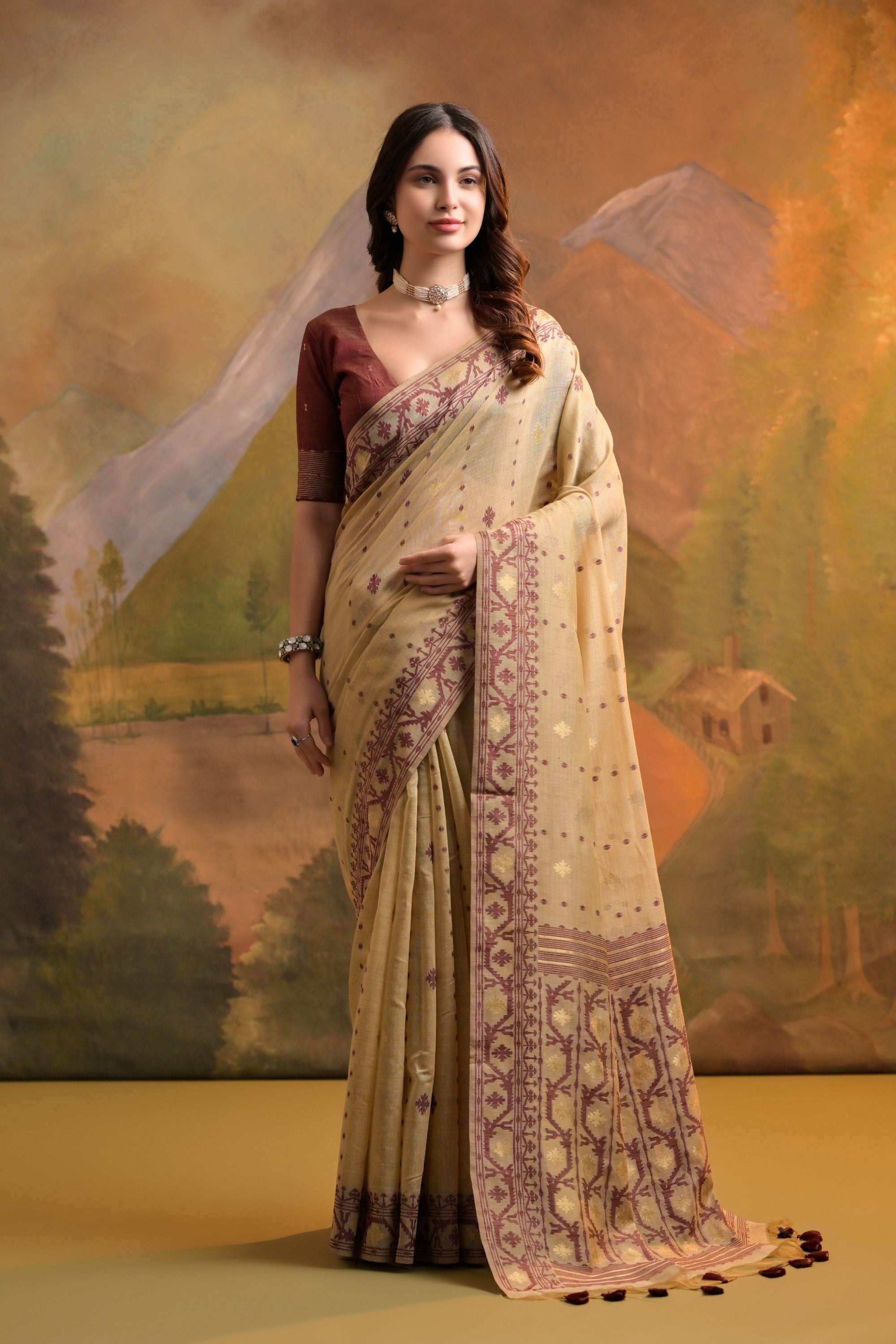 Buy MySilkLove Brandy Cream Jamdani Woven Muga Cotton Saree Online