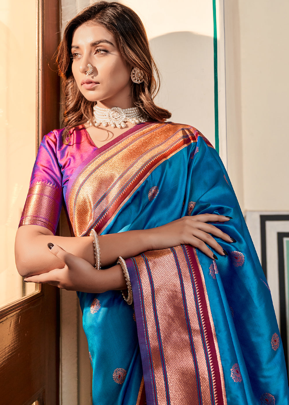 MySilkLove Azure Blue Woven Paithani Soft Silk Saree