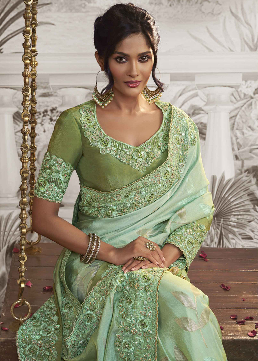 MySilkLove Mint Green Embroidered Designer Silk Saree