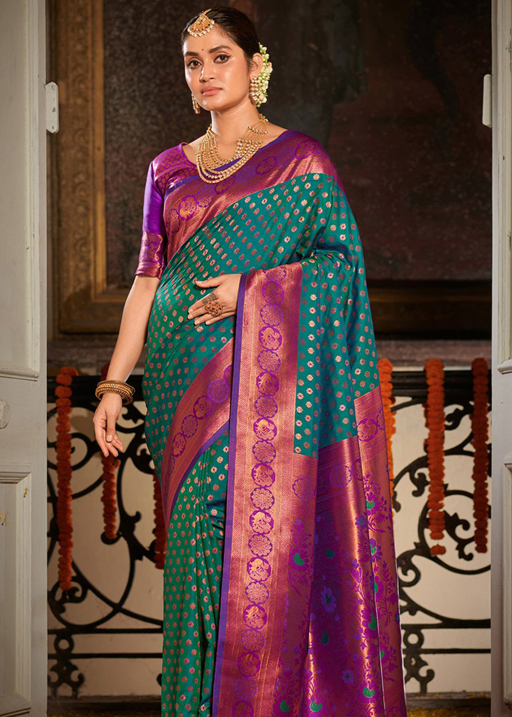 Buy MySilkLove Peacock Blue and Purple Woven Banarasi Silk Saree Online