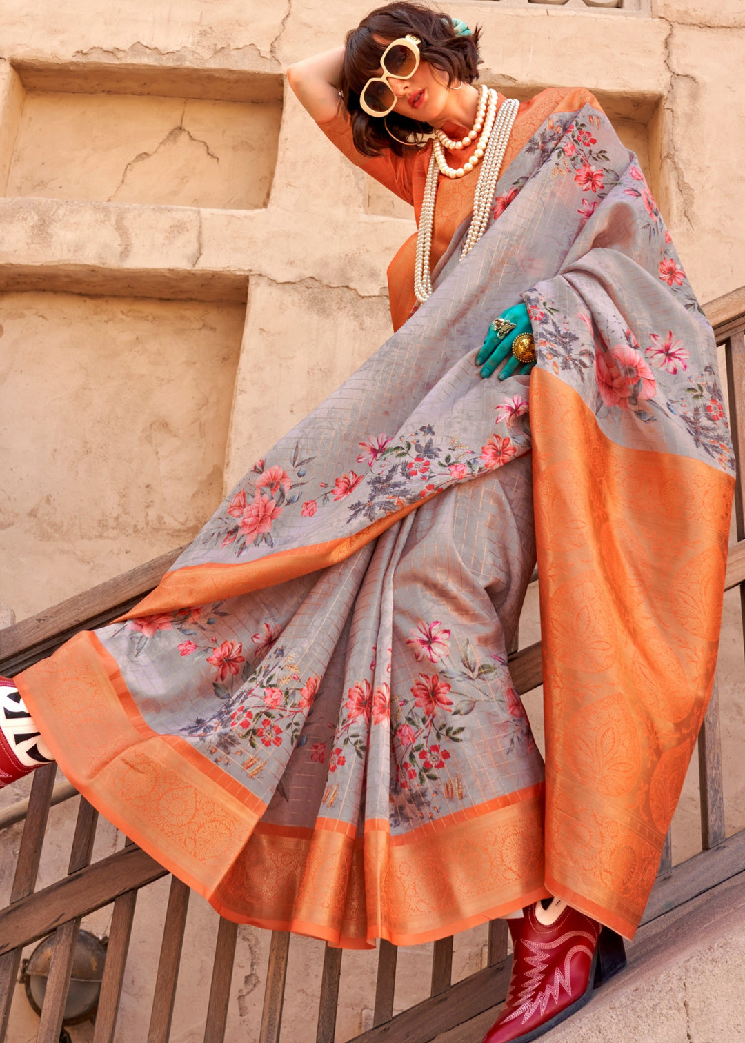 MySilkLove Cloudy Grey and Orange Georgette Handloom Printed Saree