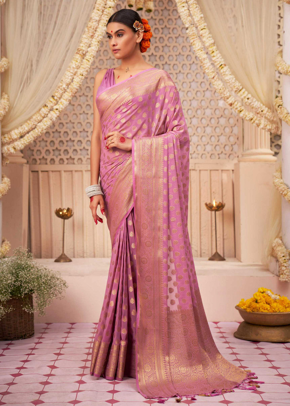 Buy MySilkLove Kobi Pink Woven Georgette Saree Online