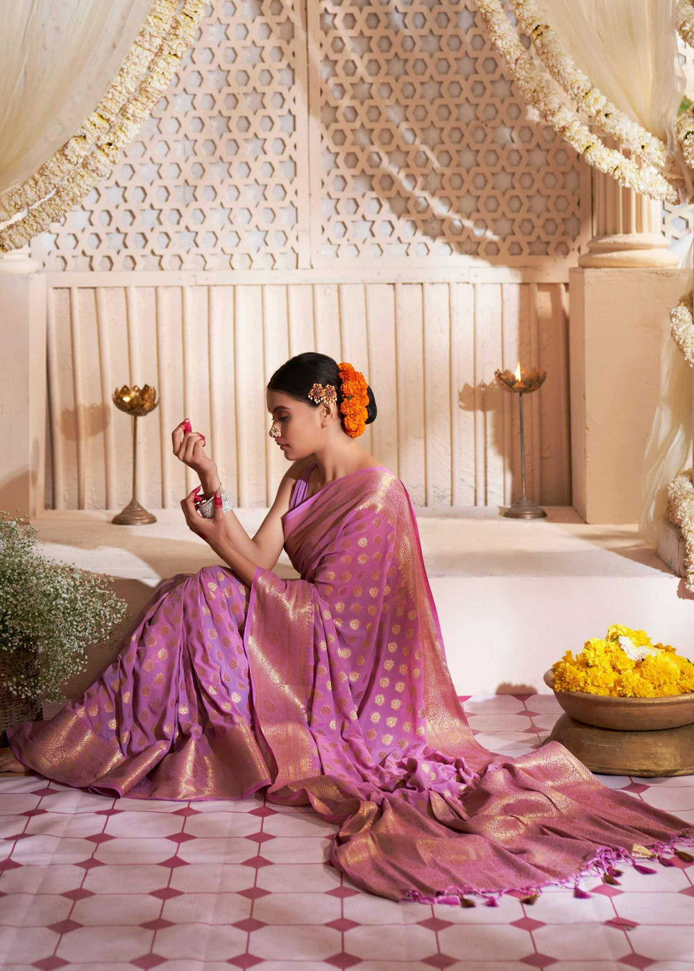 Buy MySilkLove Kobi Pink Woven Georgette Saree Online