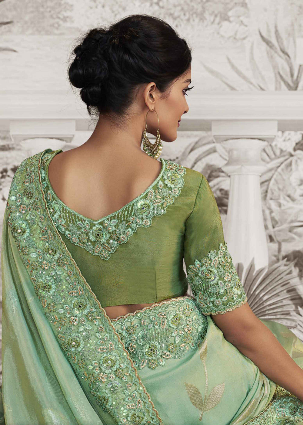 Buy MySilkLove Mint Green Embroidered Designer Silk Saree Online