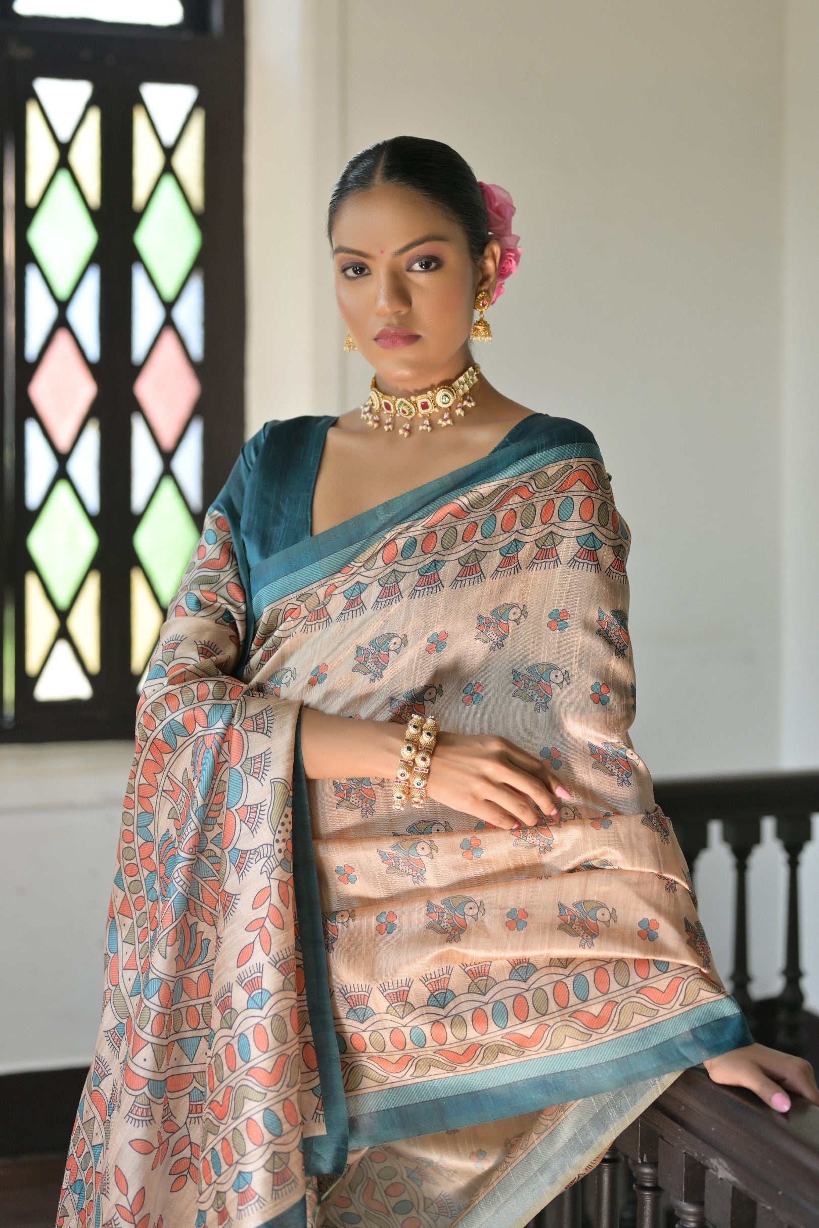 MySilkLove Peach Cream and Green Madhubani Printed Tussar Silk Saree