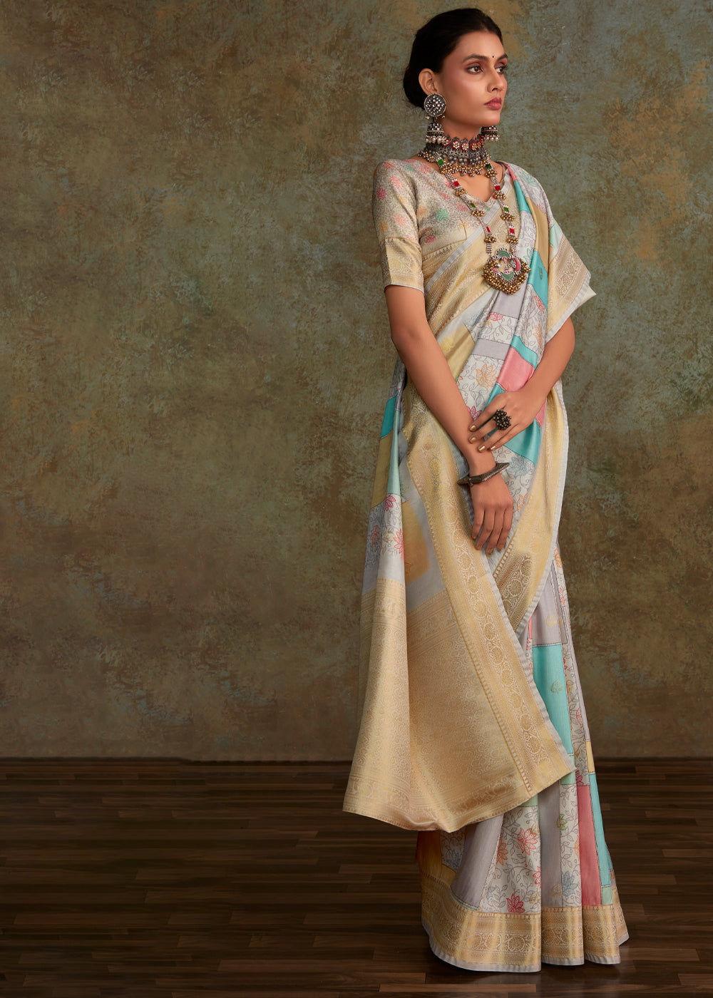 Buy MySilkLove Martini Grey Digital Printed Soft Silk Saree Online