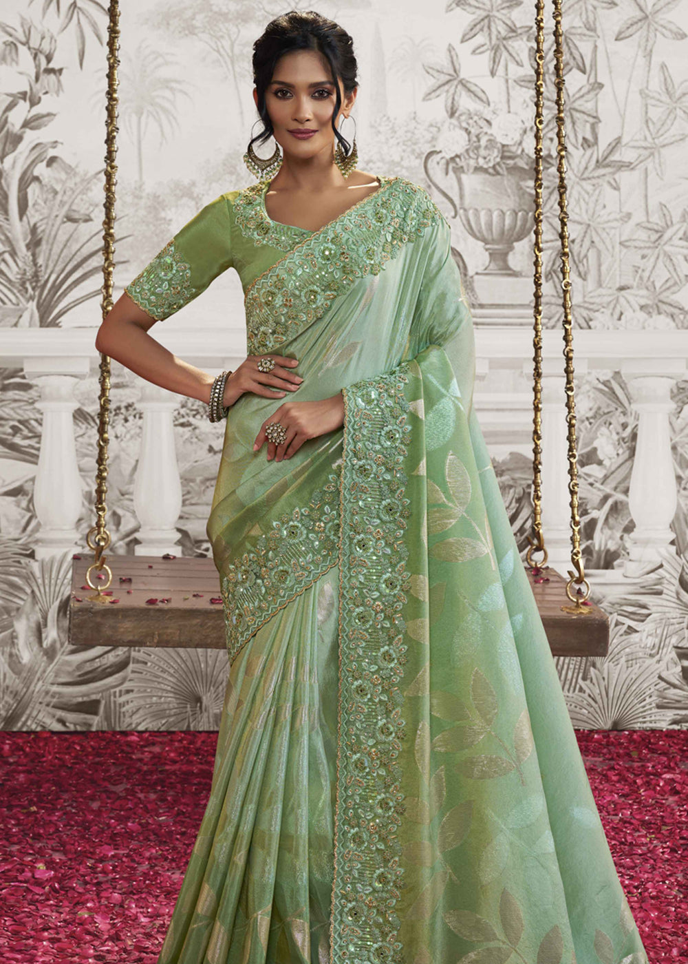 Buy MySilkLove Mint Green Embroidered Designer Silk Saree Online