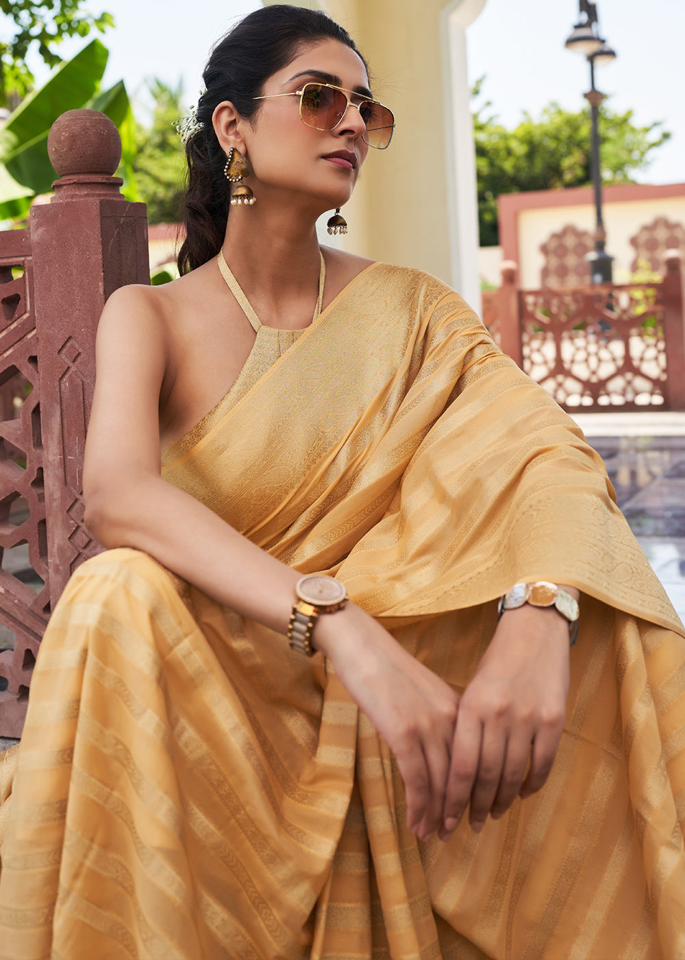 Buy MySilkLove Gold Sand Cream Woven Lehriya Georgette Saree Online