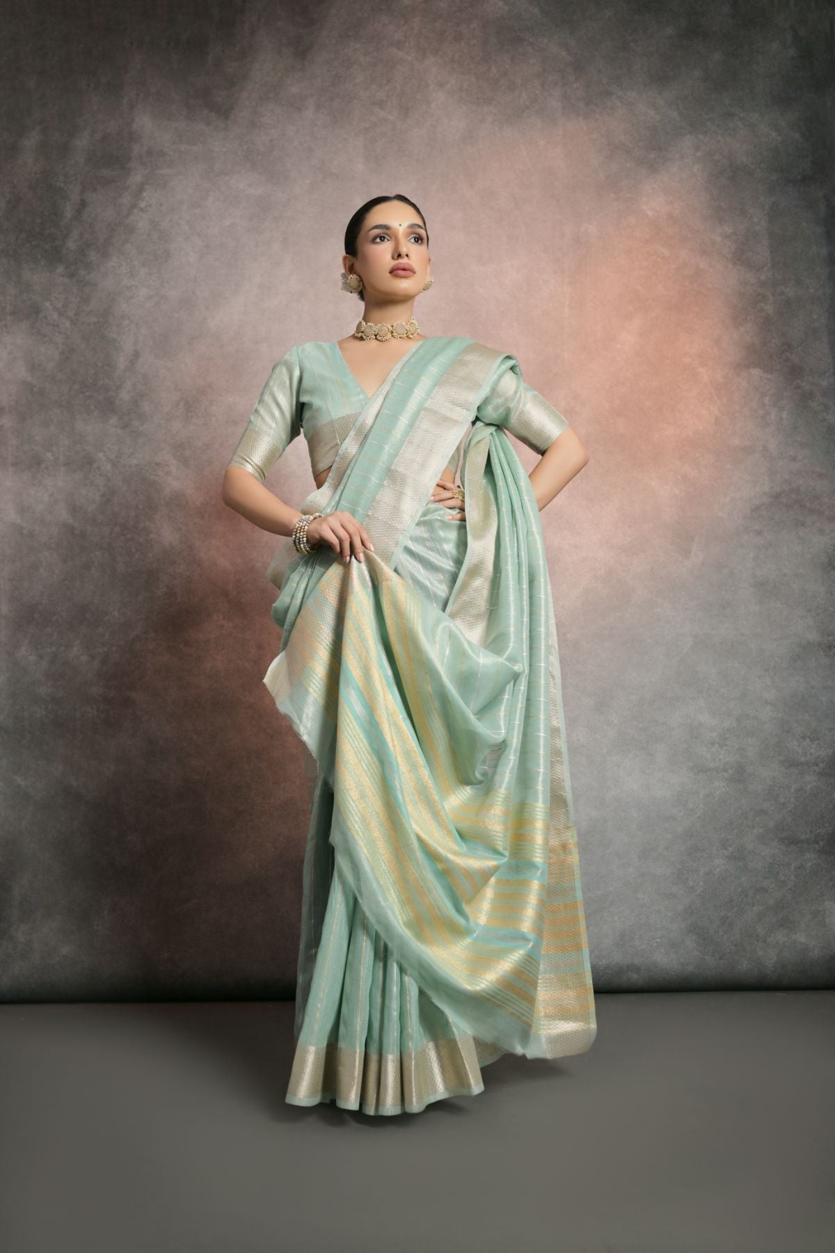 Buy MySilkLove Edward Green Tissue Cotton Saree Online