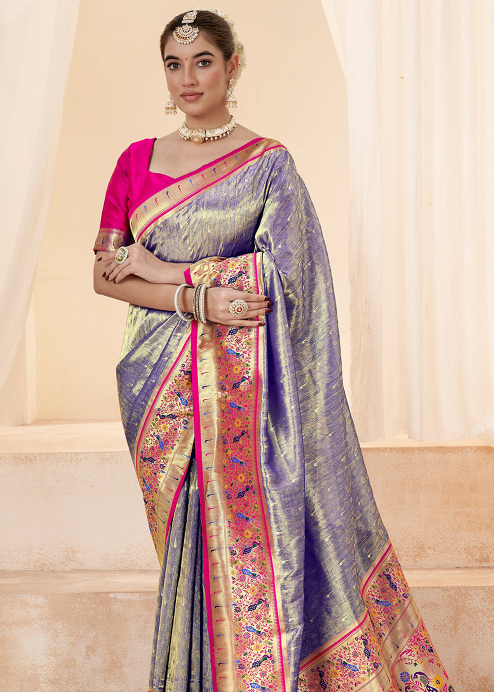 Buy MySilkLove Silver Grey Woven Paithani Tissue Silk Saree Online