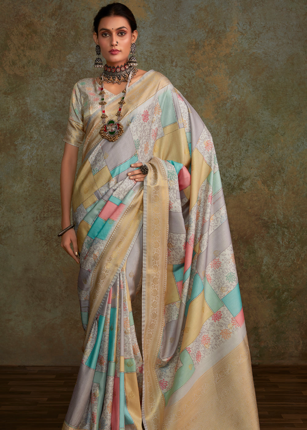 Buy MySilkLove Martini Grey Digital Printed Soft Silk Saree Online