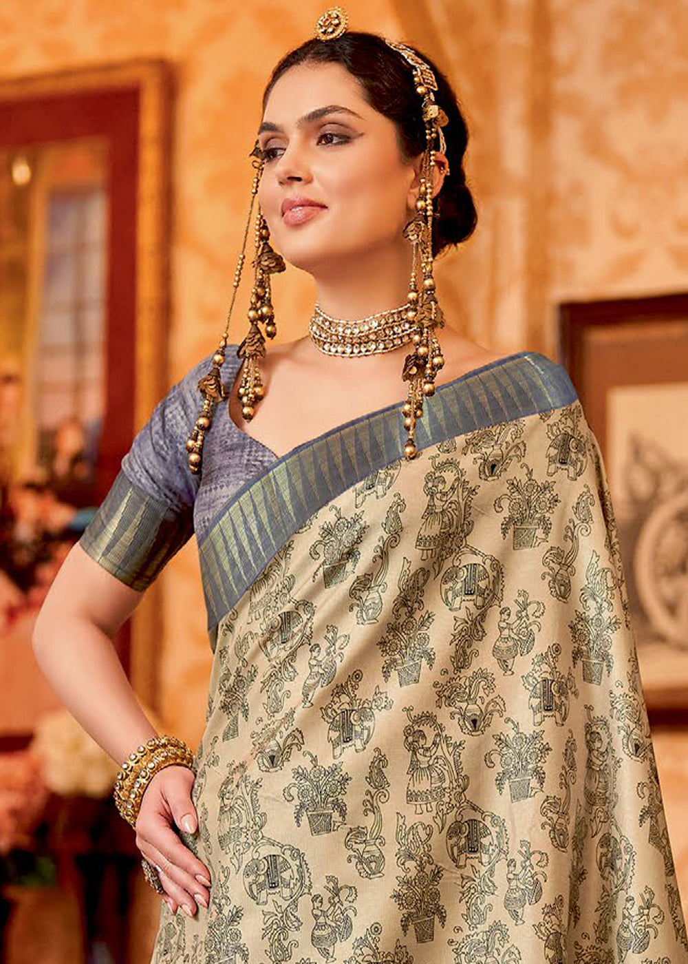 Buy MySilkLove Sorrell Cream and Grey Manipuri Temple Border Printed Silk Saree Online