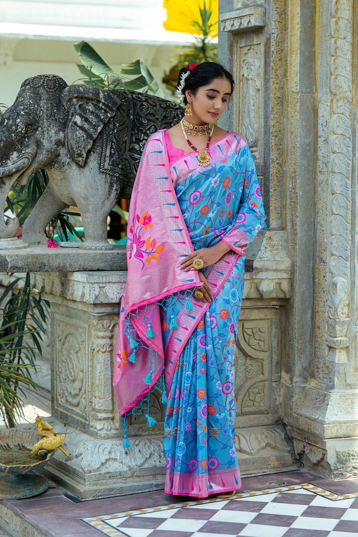 Buy MySilkLove Pacific Blue and Pink Woven Paithani Saree Online