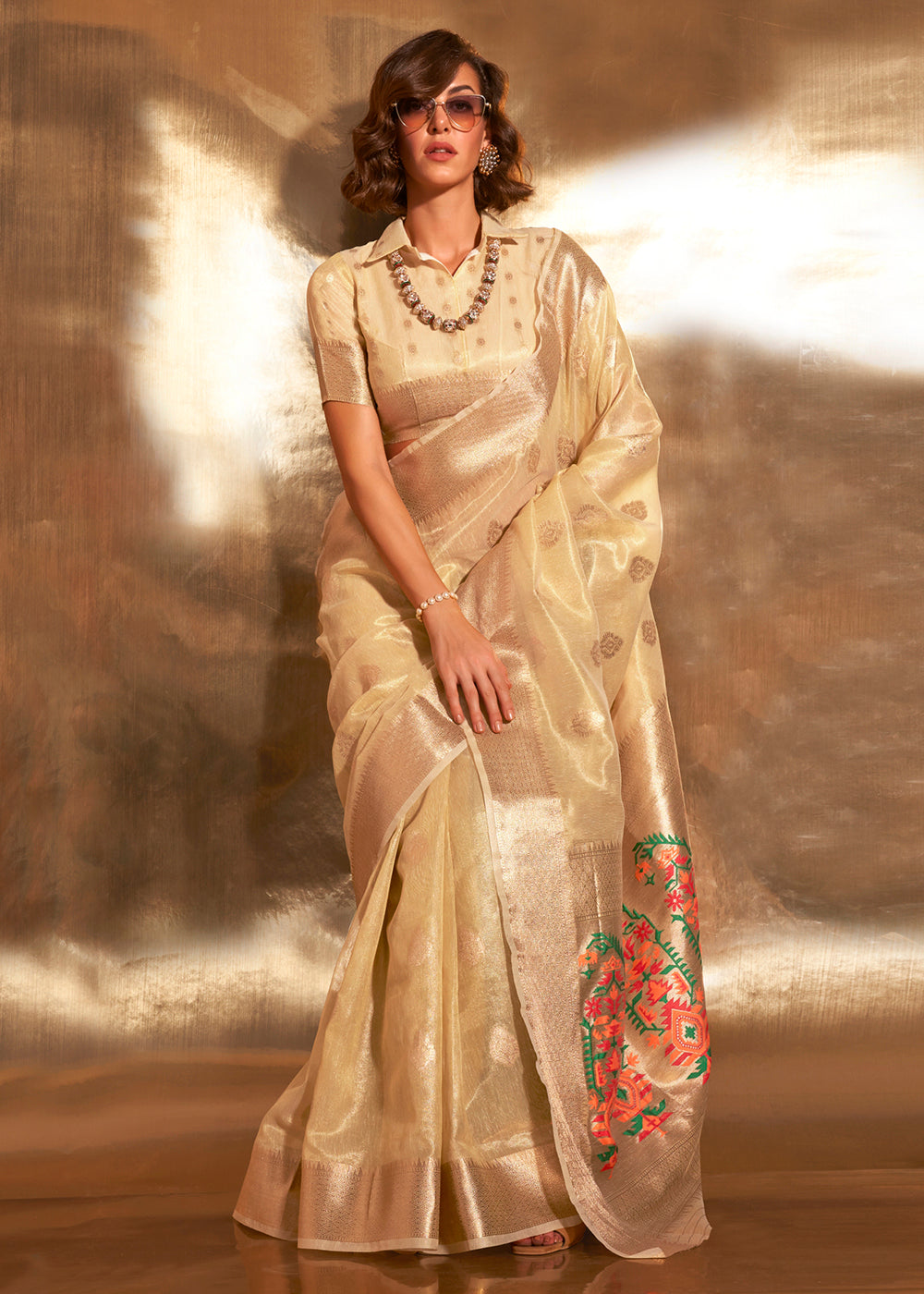 Buy MySilkLove Lemon Chiffon Yellow Handloom Tissue Silk Saree Online