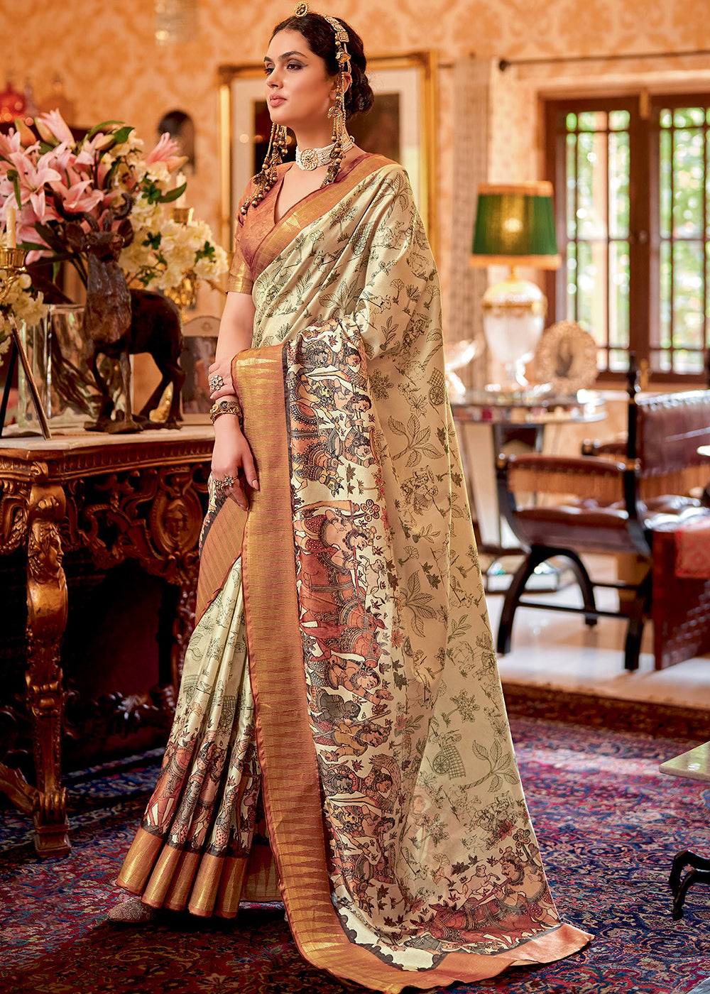 Buy MySilkLove Akaroa Cream and Orange  Manipuri Temple Border Printed Silk Saree Online