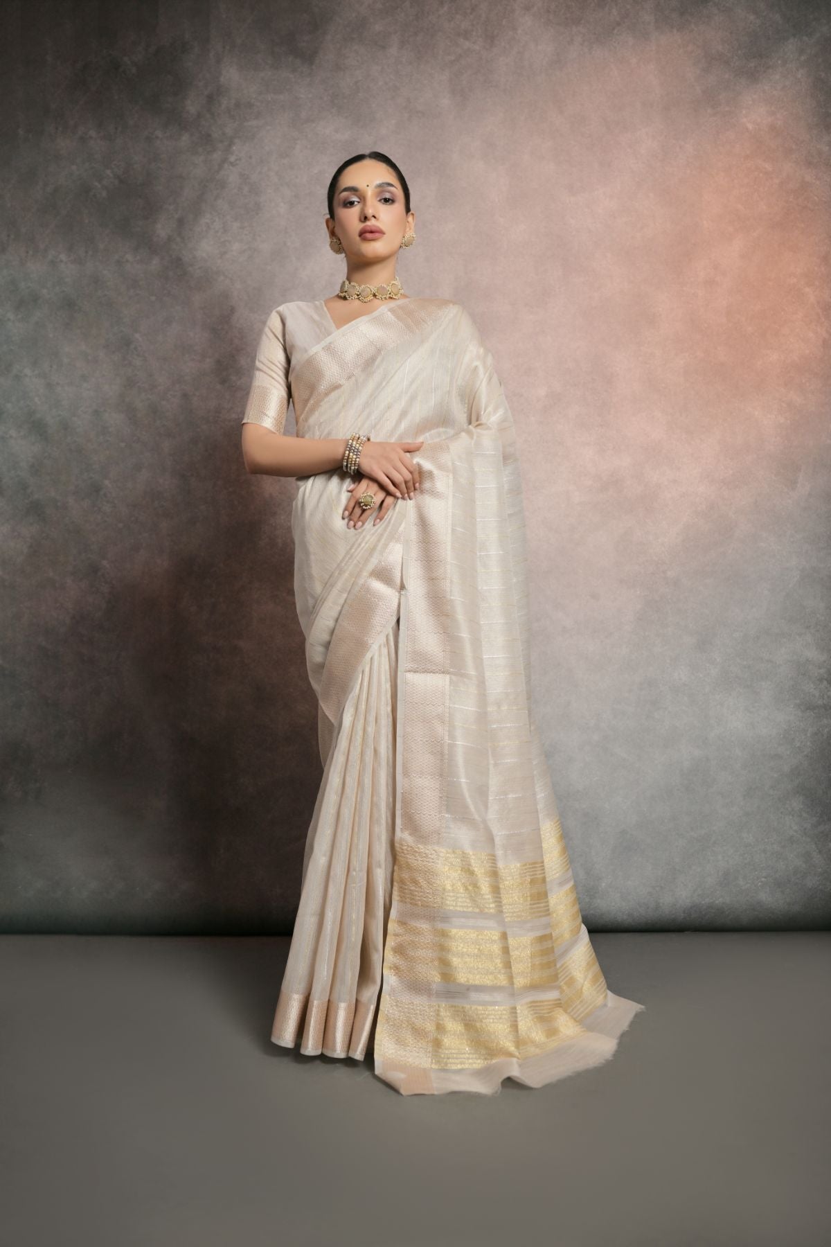 Buy MySilkLove Pearl Bush White Tissue Cotton Saree Online