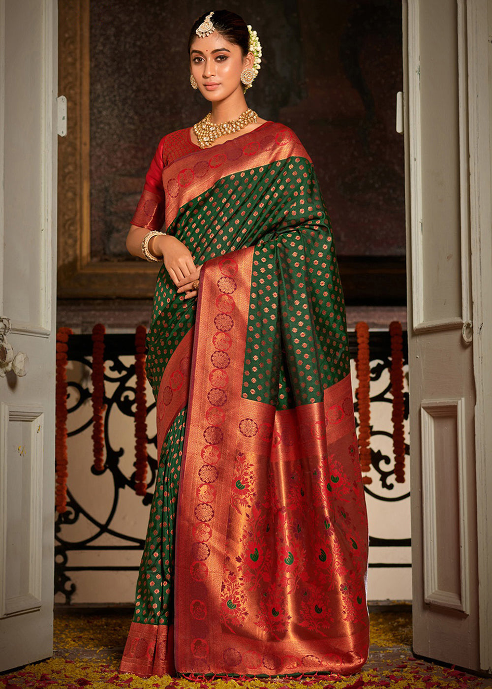 Buy MySilkLove Woodland Green and Red Woven Banarasi Silk Saree Online