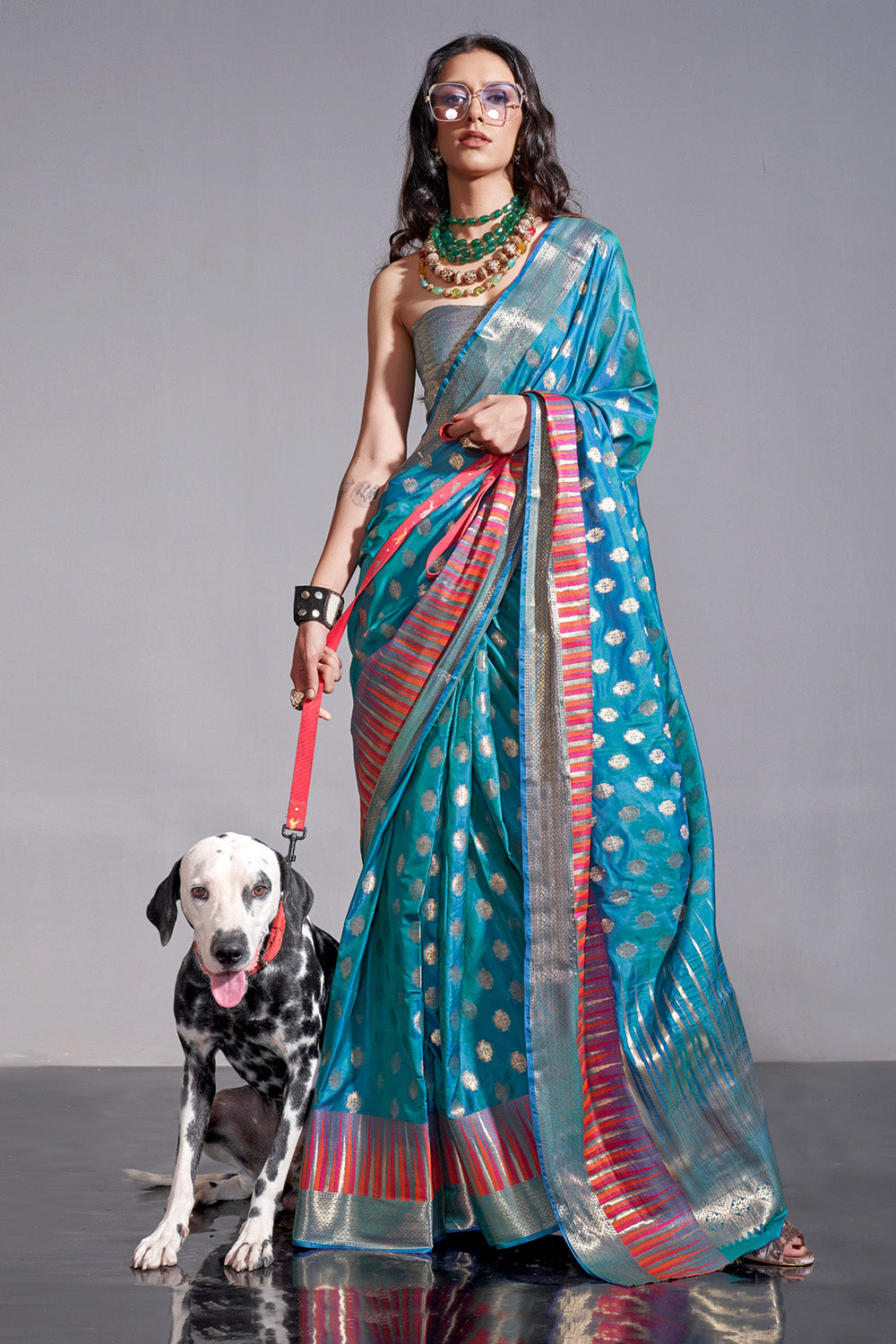 Buy MySilkLove Turquoise Pearl Blue Banarasi Handloom Temple Border Silk Saree Online