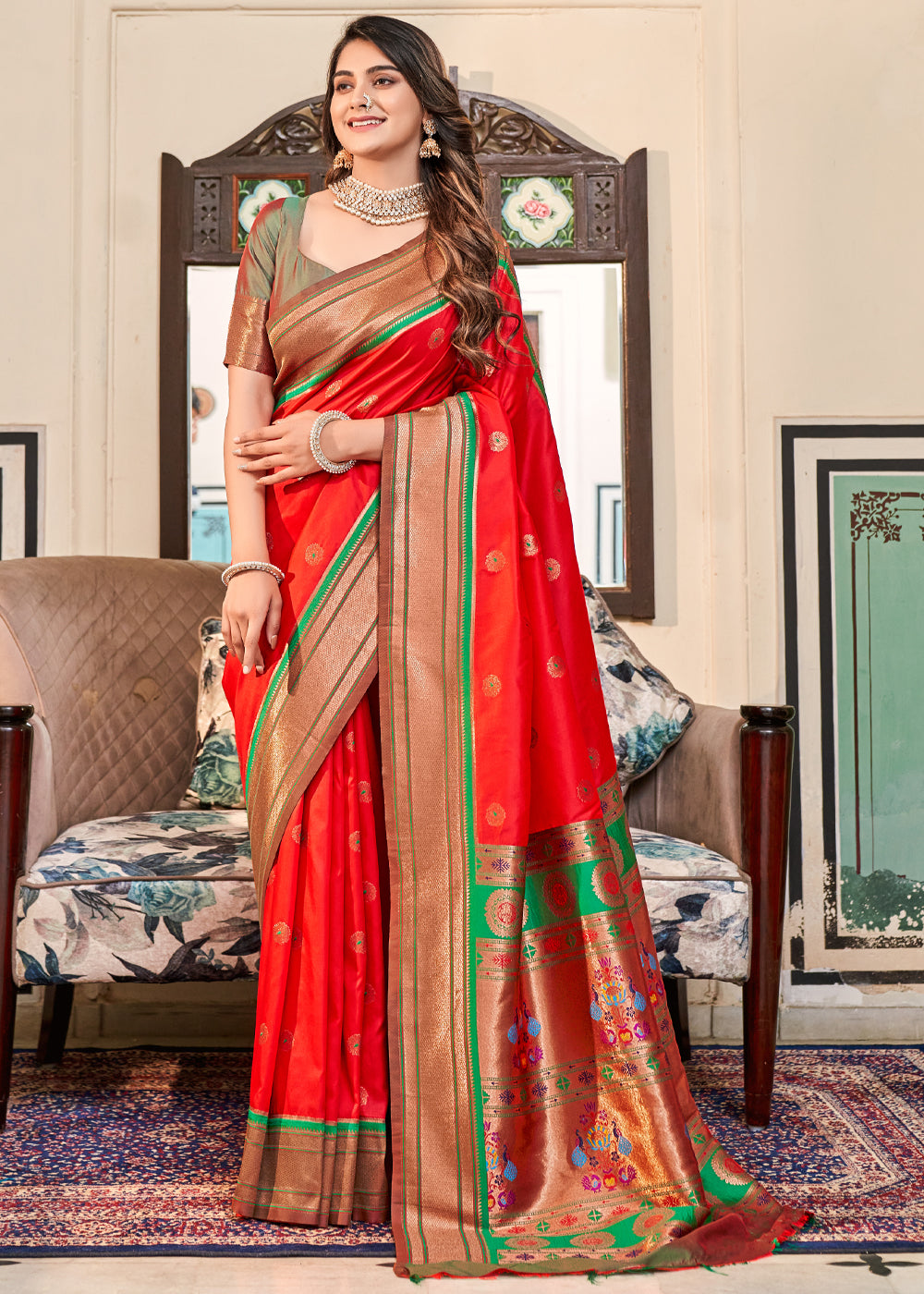 Buy MySilkLove Candy Apple Red Woven Paithani Soft Silk Saree Online