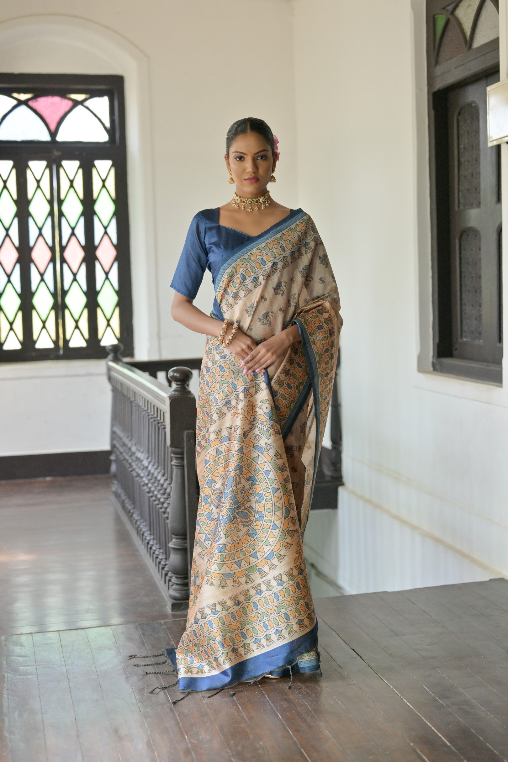 Buy MySilkLove Early Dawn Cream and Blue Madhubani Printed Tussar Silk Saree Online