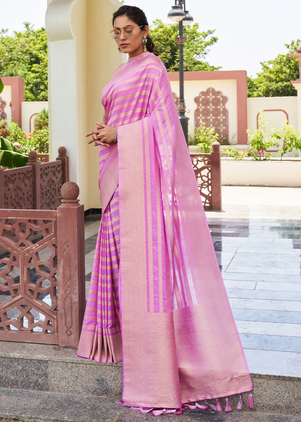 Buy MySilkLove Shocking Pink Woven Lehriya Georgette Saree Online